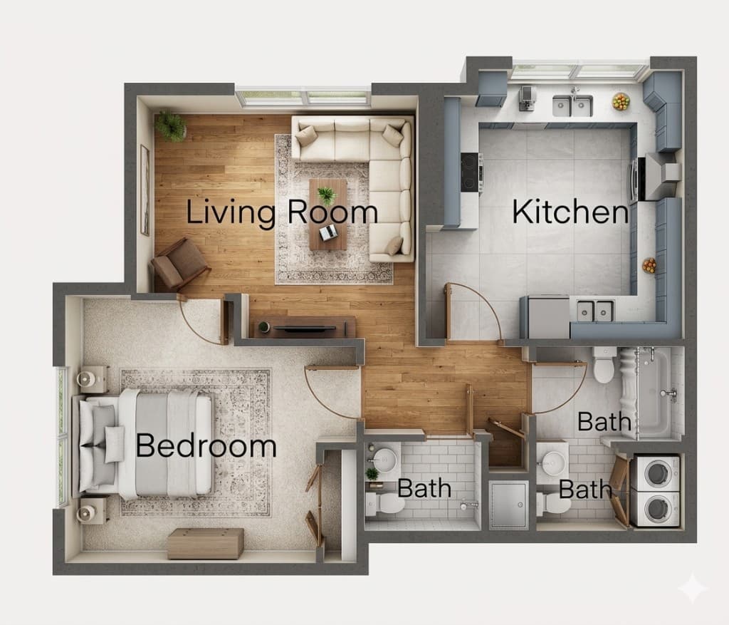 Upgraded styled floor plan with furniture and clearer room structure